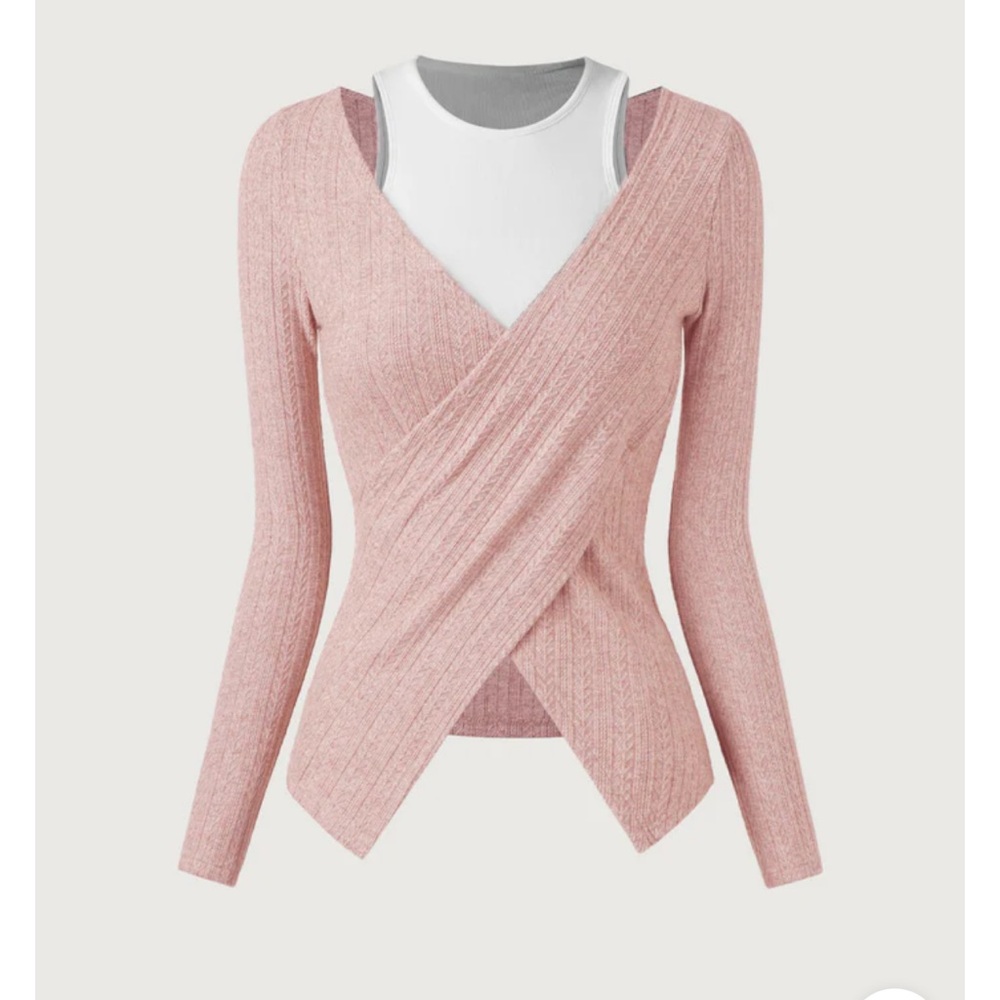 OGL Pink Ribbed Wrap Front Knit Top